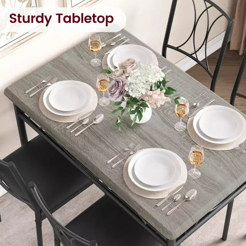 5 Piece Dining Table Set for 4, Rectangular Kitchen Table with Upholstered Chairs, Sturdy Metal Frame, Rustic Grey, for Modern Apartment/Dining Room