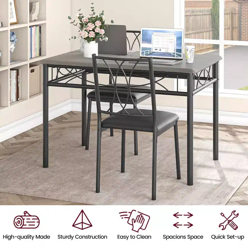 5 Piece Dining Table Set for 4, Rectangular Kitchen Table with Upholstered Chairs, Sturdy Metal Frame, Rustic Grey, for Modern Apartment/Dining Room