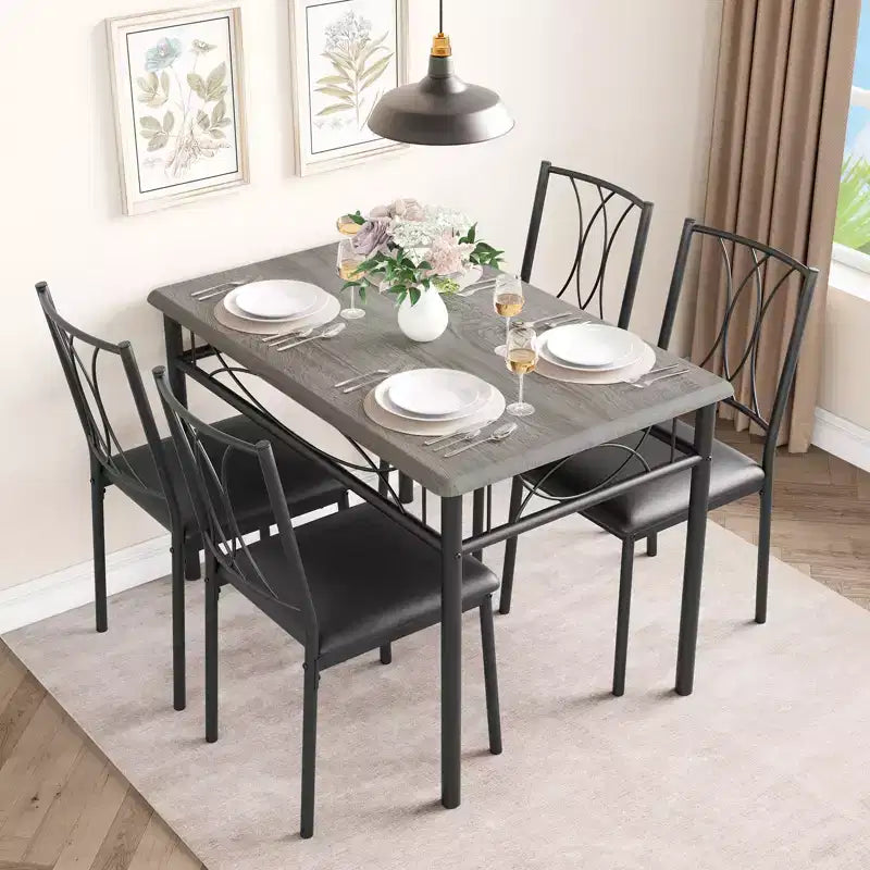 5 Piece Dining Table Set for 4, Rectangular Kitchen Table with Upholstered Chairs, Sturdy Metal Frame, Rustic Grey, for Modern Apartment/Dining Room