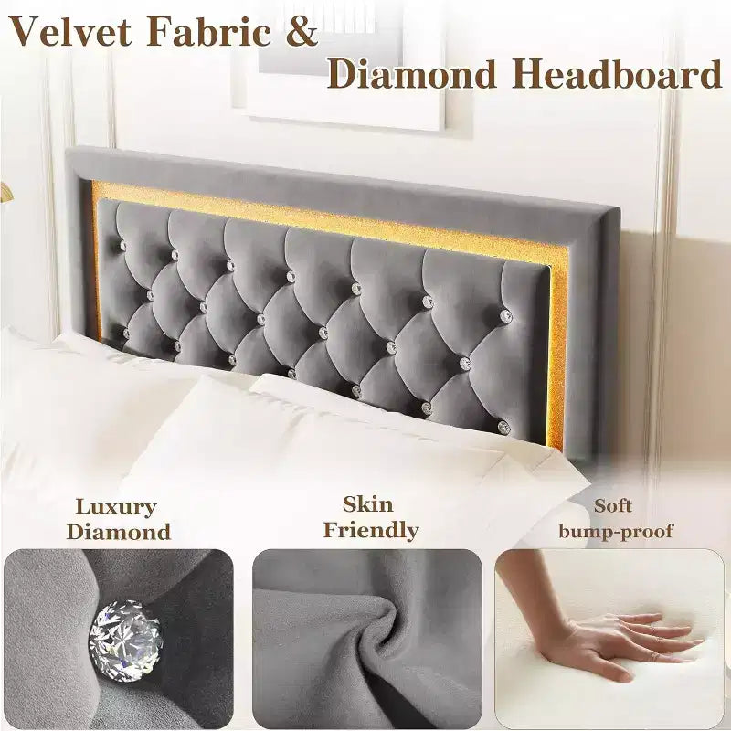 Floating Bed Frame with Diamond Headboard, Upholstered Platform Bed, Wood Slats Support, No Box Spring Needed, Easy Assembly