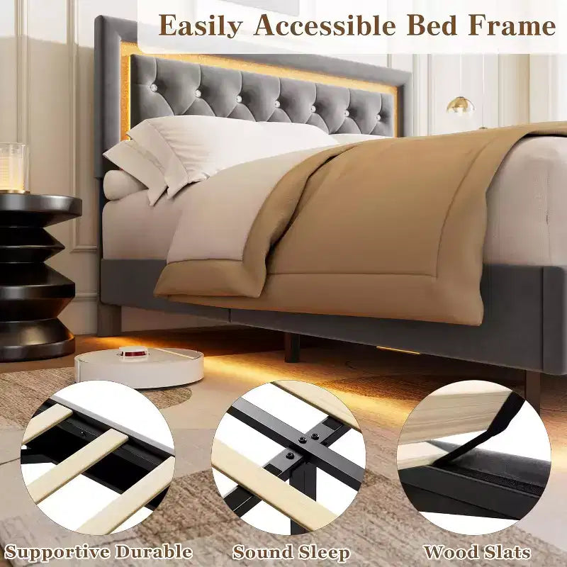 Floating Bed Frame with Diamond Headboard, Upholstered Platform Bed, Wood Slats Support, No Box Spring Needed, Easy Assembly