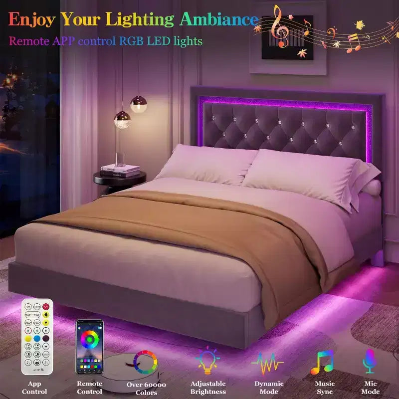 Floating Bed Frame with Diamond Headboard, Upholstered Platform Bed, Wood Slats Support, No Box Spring Needed, Easy Assembly