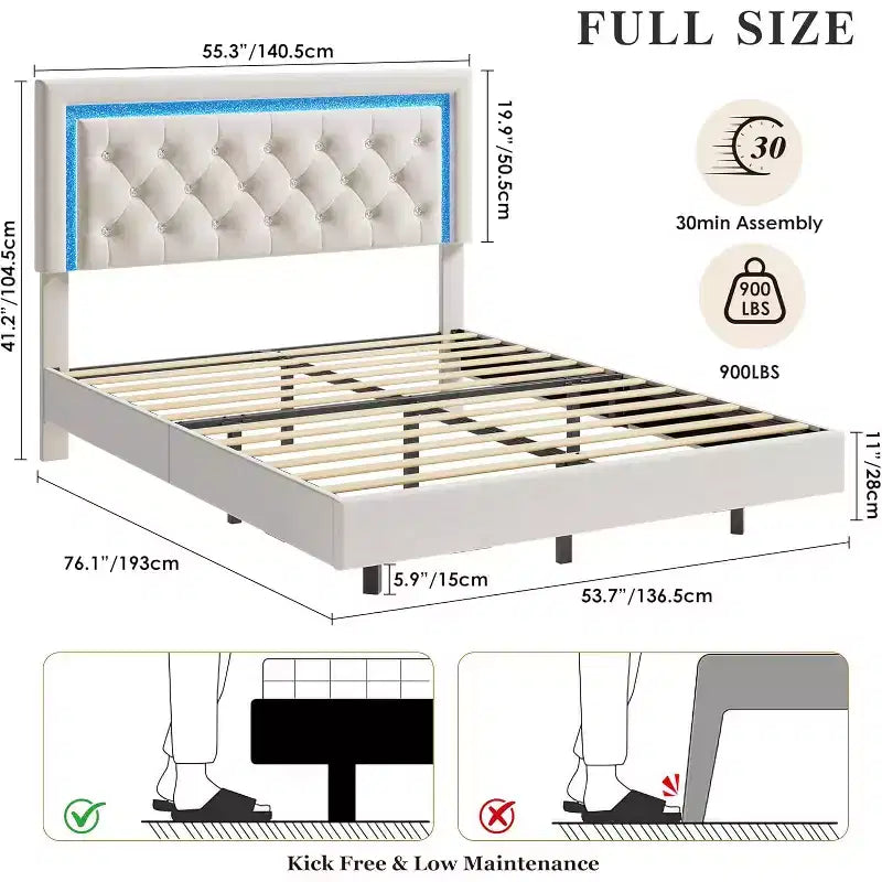Floating Bed Frame with Diamond Headboard, Upholstered Platform Bed, Wood Slats Support, No Box Spring Needed, Easy Assembly