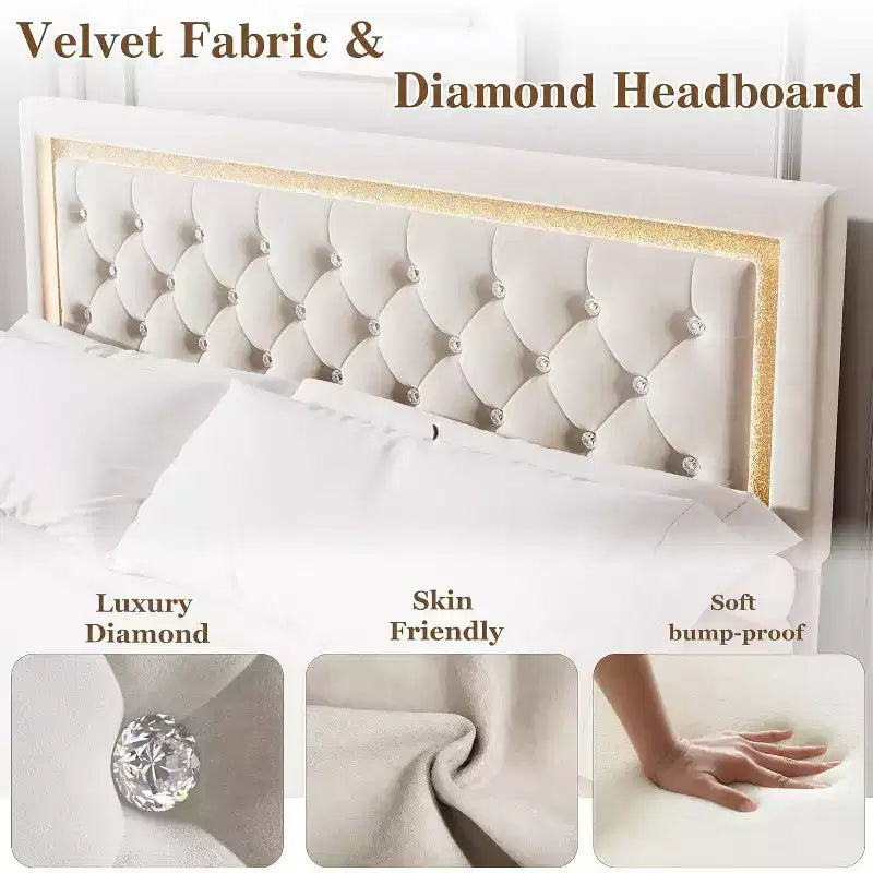 Floating Bed Frame with Diamond Headboard, Upholstered Platform Bed, Wood Slats Support, No Box Spring Needed, Easy Assembly