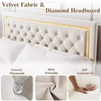 Floating Bed Frame with Diamond Headboard, Upholstered Platform Bed, Wood Slats Support, No Box Spring Needed, Easy Assembly