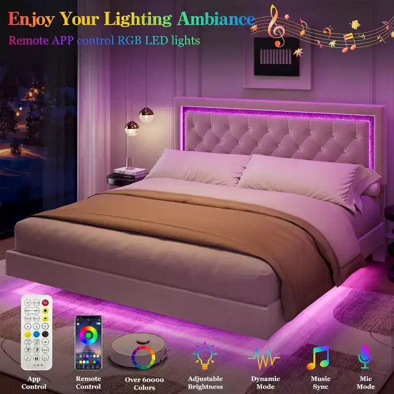 Floating Bed Frame with Diamond Headboard, Upholstered Platform Bed, Wood Slats Support, No Box Spring Needed, Easy Assembly