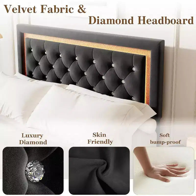 Floating Bed Frame with Diamond Headboard, Upholstered Platform Bed, Wood Slats Support, No Box Spring Needed, Easy Assembly