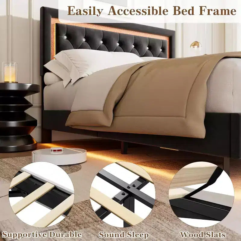 Floating Bed Frame with Diamond Headboard, Upholstered Platform Bed, Wood Slats Support, No Box Spring Needed, Easy Assembly