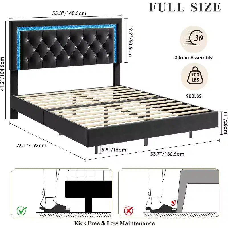 Floating Bed Frame with Diamond Headboard, Upholstered Platform Bed, Wood Slats Support, No Box Spring Needed, Easy Assembly