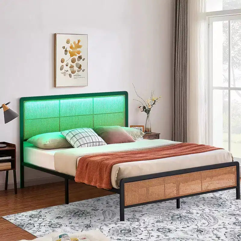 Rattan Platform Bed Frame with Metal Slats, Underbed Storage, No Box Spring Needed, Boho Style, Queen Size, Black/White, with/without RGB LED Light