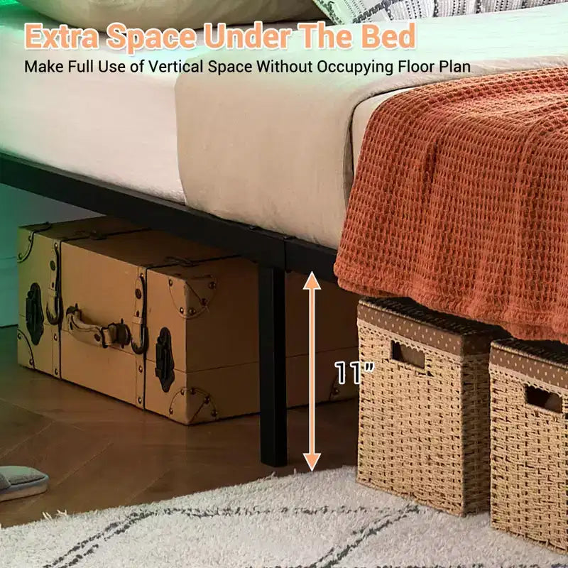 Rattan Platform Bed Frame with Metal Slats, Underbed Storage, No Box Spring Needed, Boho Style, Queen Size, Black/White, with/without RGB LED Light
