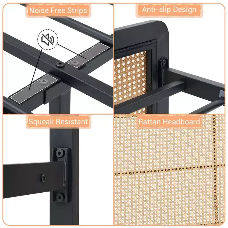 Rattan Platform Bed Frame with Metal Slats, Underbed Storage, No Box Spring Needed, Boho Style, Queen Size, Black/White, with/without RGB LED Light