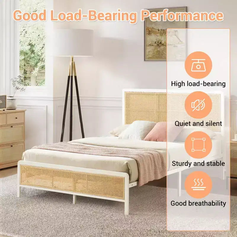 Rattan Platform Bed Frame with Metal Slats, Underbed Storage, No Box Spring Needed, Boho Style, Queen Size, Black/White, with/without RGB LED Light