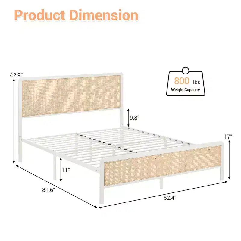 Rattan Platform Bed Frame with Metal Slats, Underbed Storage, No Box Spring Needed, Boho Style, Queen Size, Black/White, with/without RGB LED Light