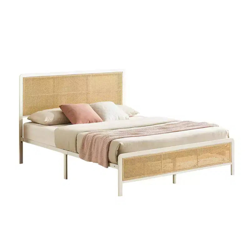 Rattan Platform Bed Frame with Metal Slats, Underbed Storage, No Box Spring Needed, Boho Style, Queen Size, Black/White, with/without RGB LED Light