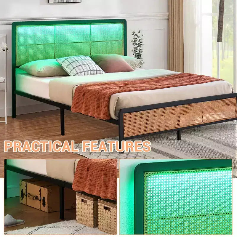 Rattan Platform Bed Frame with Metal Slats, Underbed Storage, No Box Spring Needed, Boho Style, Queen Size, Black/White, with/without RGB LED Light