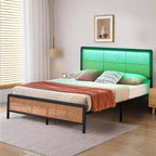 Rattan Platform Bed Frame with Metal Slats, Underbed Storage, No Box Spring Needed, Boho Style, Queen Size, Black/White, with/without RGB LED Light