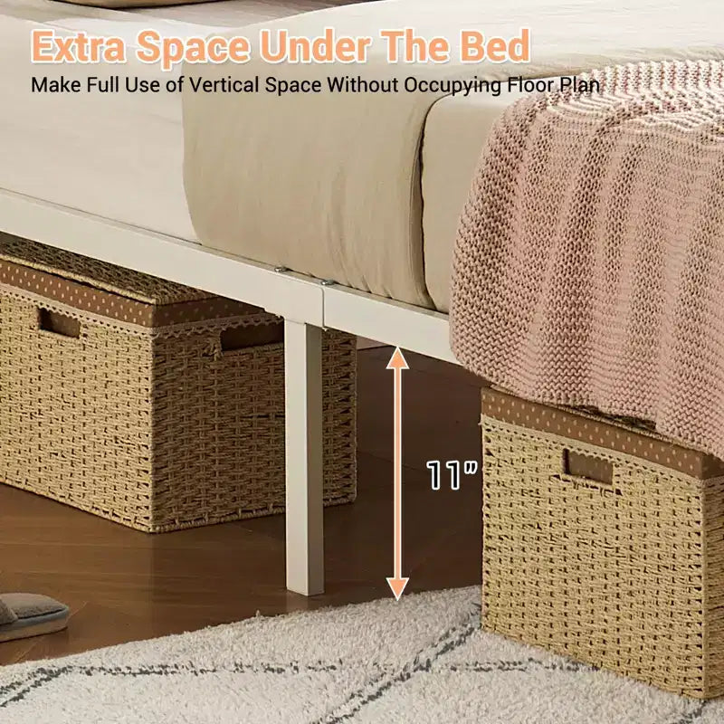 Rattan Platform Bed Frame with Metal Slats, Underbed Storage, No Box Spring Needed, Boho Style, Queen Size, Black/White, with/without RGB LED Light