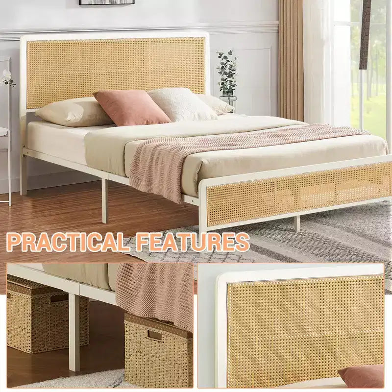Rattan Platform Bed Frame with Metal Slats, Underbed Storage, No Box Spring Needed, Boho Style, Queen Size, Black/White, with/without RGB LED Light