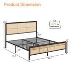 Rattan Platform Bed Frame with Metal Slats, Underbed Storage, No Box Spring Needed, Boho Style, Queen Size, Black/White, with/without RGB LED Light