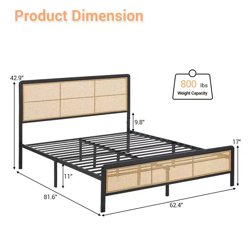 Rattan Platform Bed Frame with Metal Slats, Underbed Storage, No Box Spring Needed, Boho Style, Queen Size, Black/White, with/without RGB LED Light
