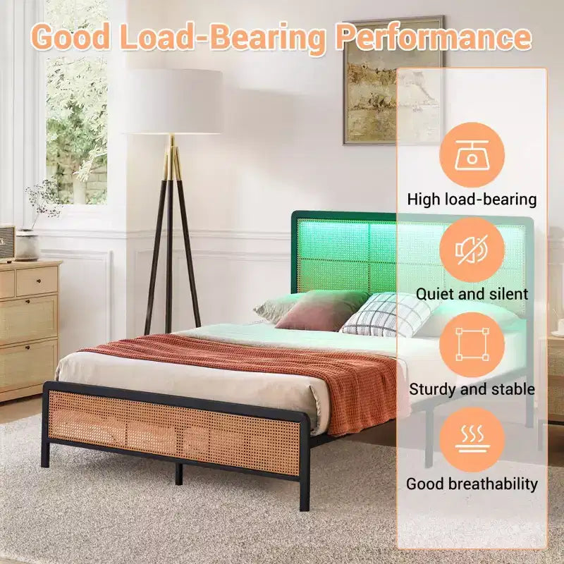 Rattan Platform Bed Frame with Metal Slats, Underbed Storage, No Box Spring Needed, Boho Style, Queen Size, Black/White, with/without RGB LED Light