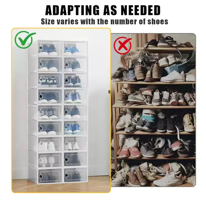 Lot de 18 grandes boîtes à chaussures pliables, organisateurs de rangement de chaussures en plastique empilables pour placard, conteneurs à baskets transparents avec couvercle à charnière
