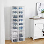 Lot de 18 grandes boîtes à chaussures pliables, organisateurs de rangement de chaussures en plastique empilables pour placard, conteneurs à baskets transparents avec couvercle à charnière