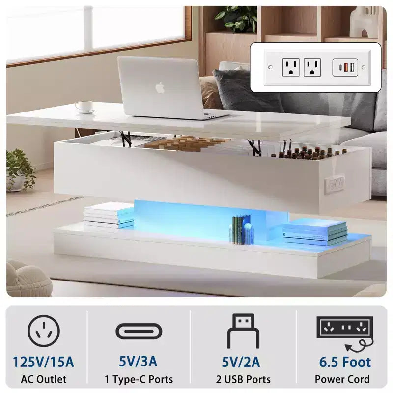Acekool Lift Top Coffee Table with Storage, 47 High Gloss Adjustable Table for Living Room & Home Office