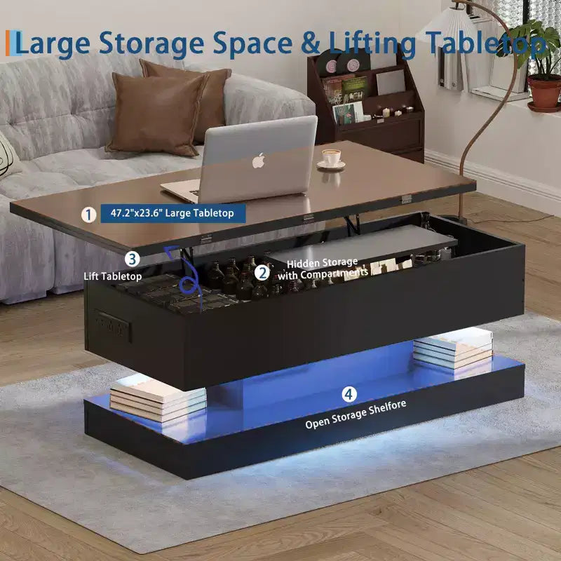 Acekool Lift Top Coffee Table with Storage, 47 High Gloss Adjustable Table for Living Room & Home Office