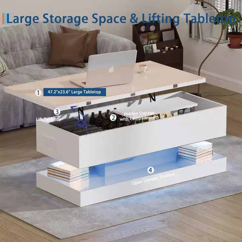 Acekool Lift Top Coffee Table with Storage, 47 High Gloss Adjustable Table for Living Room & Home Office