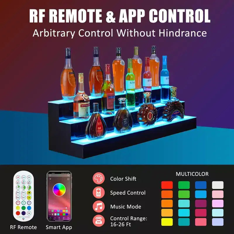 3-Tier 60 Inch LED Lighted Liquor Bottle Display Shelf, Acrylic, Multicolor RGB, Wall-Mounted, Remote & App Control, for Home/Commercial Bar Storage