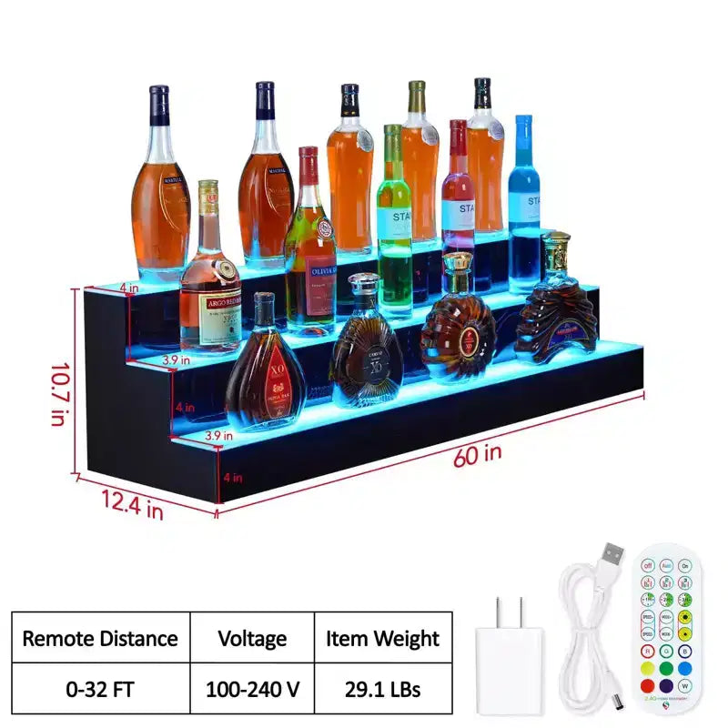 3-Tier 60 Inch LED Lighted Liquor Bottle Display Shelf, Acrylic, Multicolor RGB, Wall-Mounted, Remote & App Control, for Home/Commercial Bar Storage