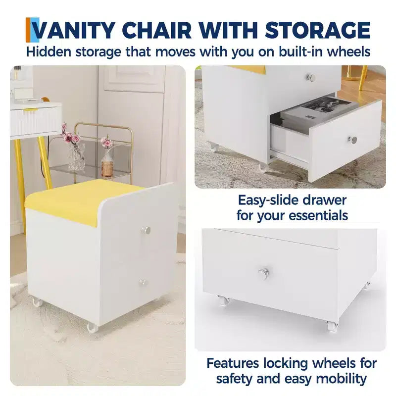 Modern Vanity Stool with Storage Drawer, 17.3 PU Leather Ottoman with Lockable Wheels, Multifunctional Makeup Chair for Bedroom & Living Room