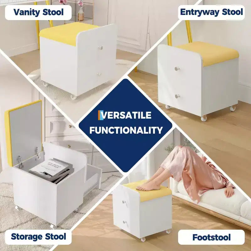 Modern Vanity Stool with Storage Drawer, 17.3 PU Leather Ottoman with Lockable Wheels, Multifunctional Makeup Chair for Bedroom & Living Room