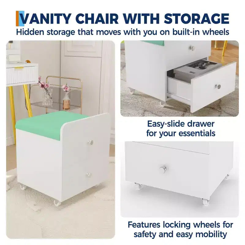 Modern Vanity Stool with Storage Drawer, 17.3 PU Leather Ottoman with Lockable Wheels, Multifunctional Makeup Chair for Bedroom & Living Room