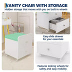 Modern Vanity Stool with Storage Drawer, 17.3 PU Leather Ottoman with Lockable Wheels, Multifunctional Makeup Chair for Bedroom & Living Room