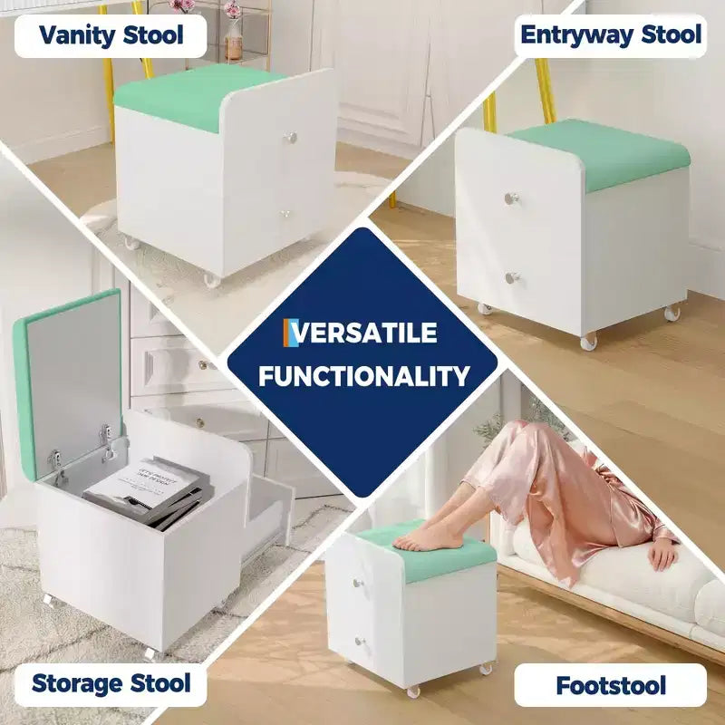 Modern Vanity Stool with Storage Drawer, 17.3 PU Leather Ottoman with Lockable Wheels, Multifunctional Makeup Chair for Bedroom & Living Room