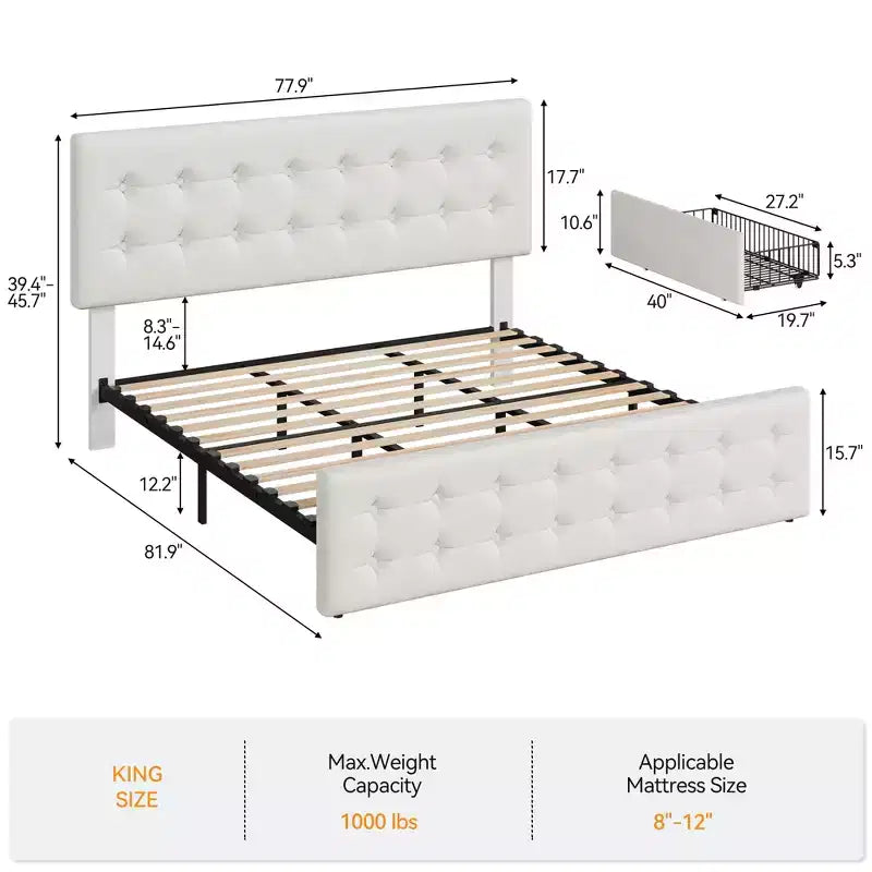 Bed Frame with 4 Storage Drawers and Adjustable Headboard, Faux Leather Upholstered Platform, Button Tufted, Strong Wooden Slats, No Box Spring Needed
