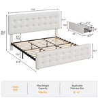 Bed Frame with 4 Storage Drawers and Adjustable Headboard, Faux Leather Upholstered Platform, Button Tufted, Strong Wooden Slats, No Box Spring Needed