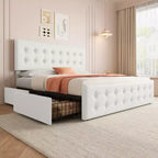 Bed Frame with 4 Storage Drawers and Adjustable Headboard, Faux Leather Upholstered Platform, Button Tufted, Strong Wooden Slats, No Box Spring Needed