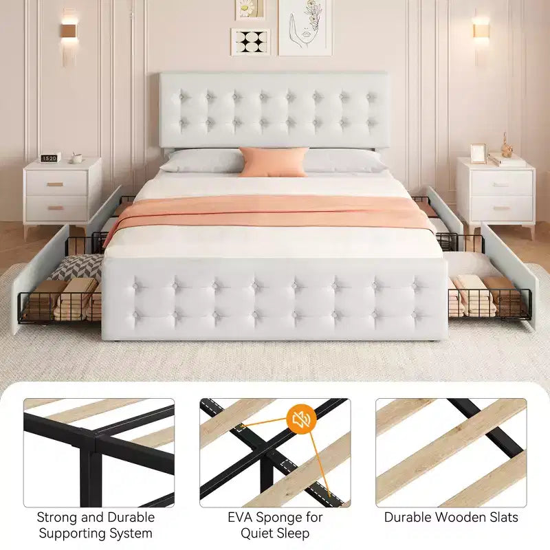 Bed Frame with 4 Storage Drawers and Adjustable Headboard, Faux Leather Upholstered Platform, Button Tufted, Strong Wooden Slats, No Box Spring Needed