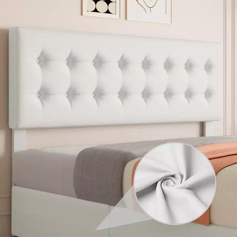 Bed Frame with 4 Storage Drawers and Adjustable Headboard, Faux Leather Upholstered Platform, Button Tufted, Strong Wooden Slats, No Box Spring Needed