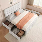 Bed Frame with 4 Storage Drawers and Adjustable Headboard, Faux Leather Upholstered Platform, Button Tufted, Strong Wooden Slats, No Box Spring Needed