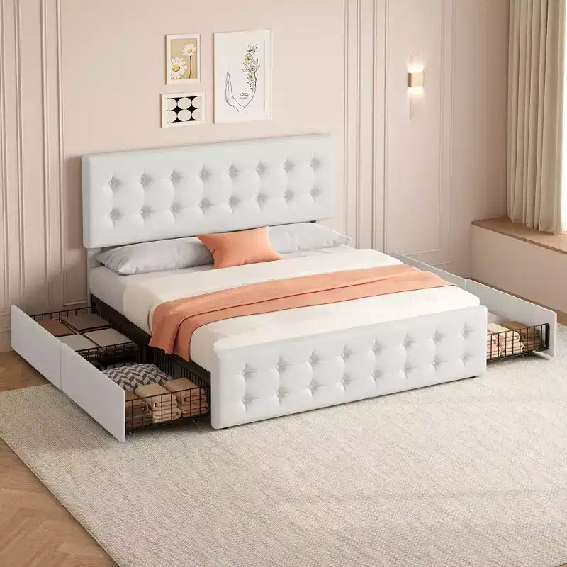 Bed Frame with 4 Storage Drawers and Adjustable Headboard, Faux Leather Upholstered Platform, Button Tufted, Strong Wooden Slats, No Box Spring Needed