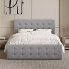 Bed Frame with 4 Storage Drawers and Adjustable Headboard, Faux Leather Upholstered Platform, Button Tufted, Strong Wooden Slats, No Box Spring Needed