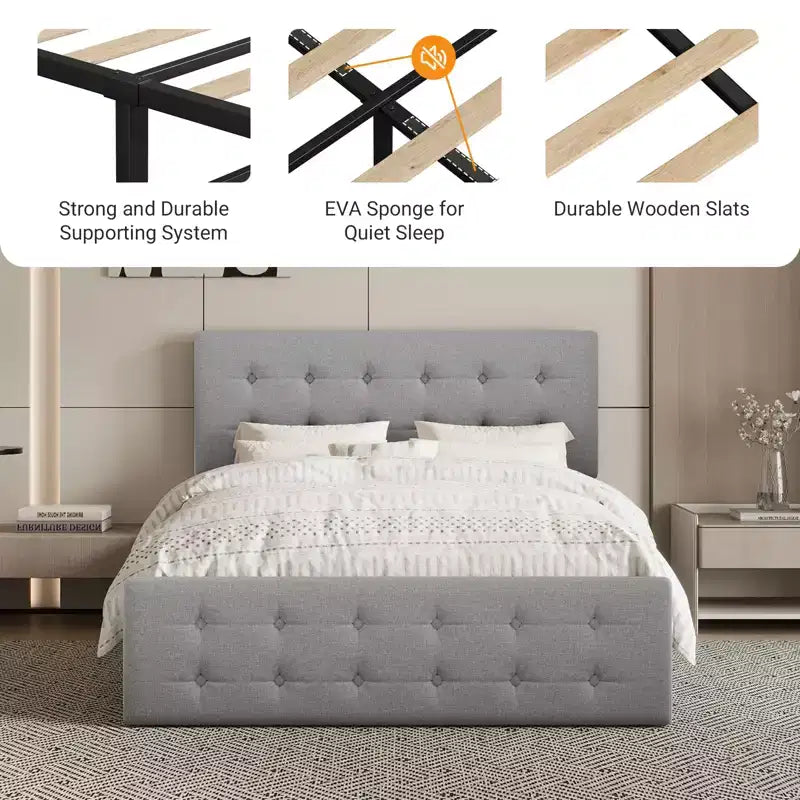 Bed Frame with 4 Storage Drawers and Adjustable Headboard, Faux Leather Upholstered Platform, Button Tufted, Strong Wooden Slats, No Box Spring Needed
