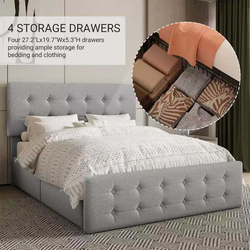 Bed Frame with 4 Storage Drawers and Adjustable Headboard, Faux Leather Upholstered Platform, Button Tufted, Strong Wooden Slats, No Box Spring Needed