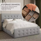 Bed Frame with 4 Storage Drawers and Adjustable Headboard, Faux Leather Upholstered Platform, Button Tufted, Strong Wooden Slats, No Box Spring Needed