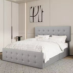 Bed Frame with 4 Storage Drawers and Adjustable Headboard, Faux Leather Upholstered Platform, Button Tufted, Strong Wooden Slats, No Box Spring Needed